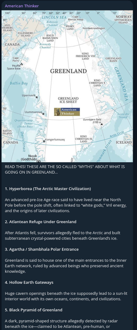 A bunch of really weird conspiracy theories about Greenland, intended to justify or explain the Trump administration's interest in seizure