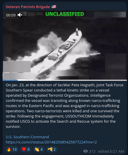 A post celebrating a kinetic strike on a boat in the Pacific Ocean